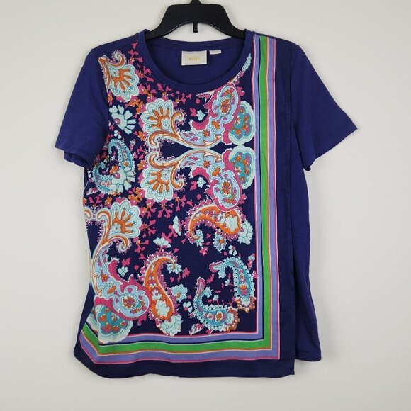 Maeve Anthropologie Size S Purple Multi Paisley Print Stretch Short Sleeve Top - Picture 1 of 7